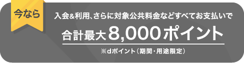 今なら入会＆利用、さらに対象公共料金などすべてお支払いで合計最大8,000ポイント　※dポイント（期間・用途限定）