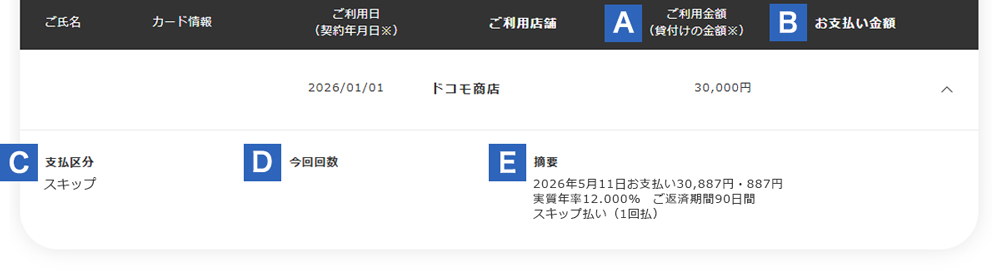スキップ払いのご利用明細の例（2月ご利用明細）