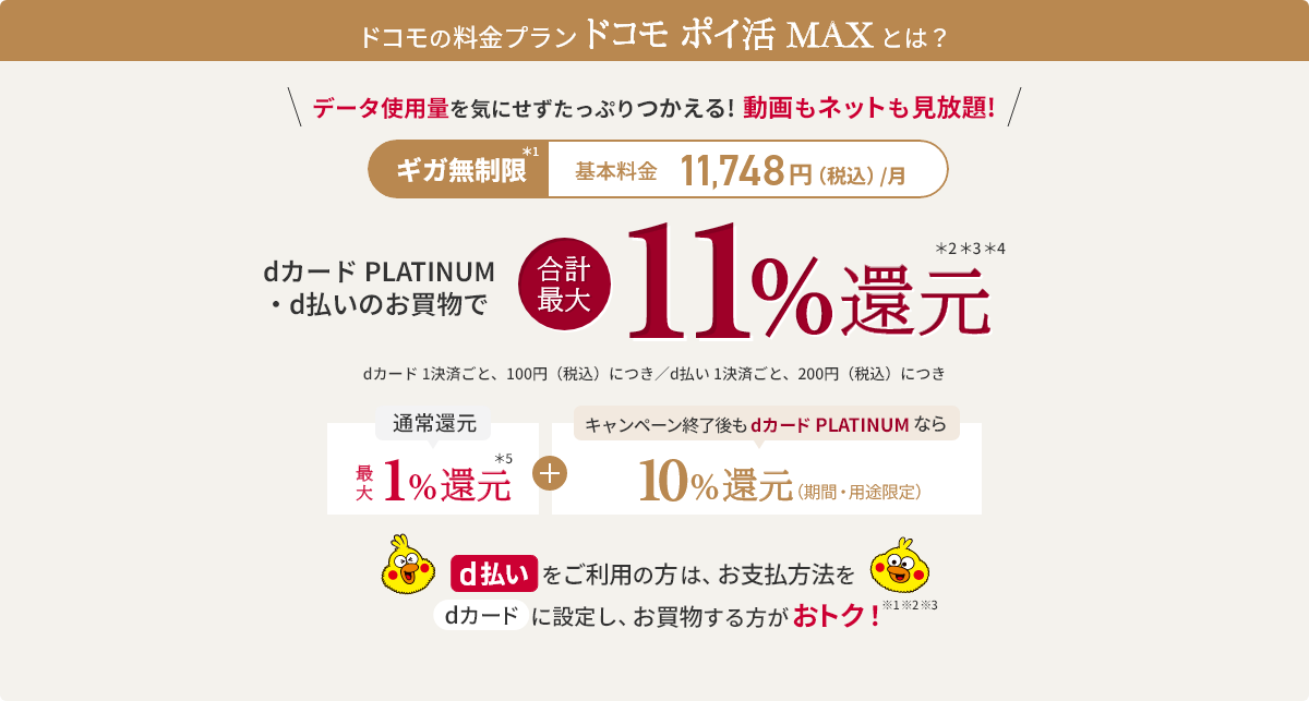 ドコモの料金プランドコモ ポイ活 MAXとは？ \データ使用量を気にせずたっぷりつかえる！動画もネットも見放題！/ ギガ無制限*1基本料金11,748円（税込）/月 dカードPLATINUM・d払いのお買い物で 合計最大11%還元*2*3*4 dカード1決済ごと、100円（税込）につき／d払い1決済ごと、200円（税込）につき通常還元最大1%還元*5+キャンペーン終了後もdカードPLATINUMなら10%還元（期間・用途限定） d払いをご利用の方は、お支払方法をdカードに設定し、お買物する方がおトク※1 ※2 ※3