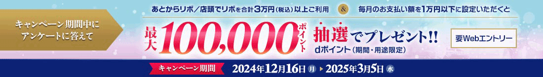 キャンペーン期間中にアンケートに答えて あとからリボ/店舗でリボを合計3万円(税込)以上ご利用&毎月のお支払い額を1万円以下に設定いただくと 最大100,000ポイント抽選でプレゼント!!dポイント(期間・用途限定) 要Webエントリー キャンペーン期間2024年12月16日(月)～2025年3月5日(水)