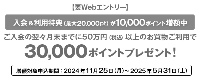 要Webエントリー 入会＆利用特典（最大20,000pt）が10,000ポイント増額中 ご入会の翌々月末までに50万円（税込）以上のお買物ご利用で30,000ポイントプレゼント! 増額対象申込期間：2024年11月25日（月）～2025年5月31日（土）