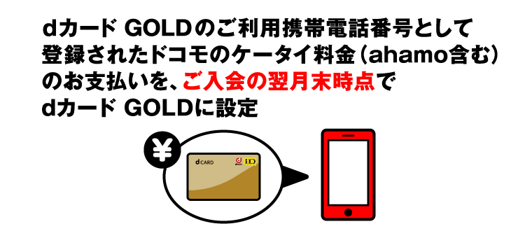 3.dカード GOLDのご利用携帯電話番号として登録されたドコモのケータイ料金（ahamo含む）のお支払いを、ご入会の翌月末時点でdカード GOLDに設定