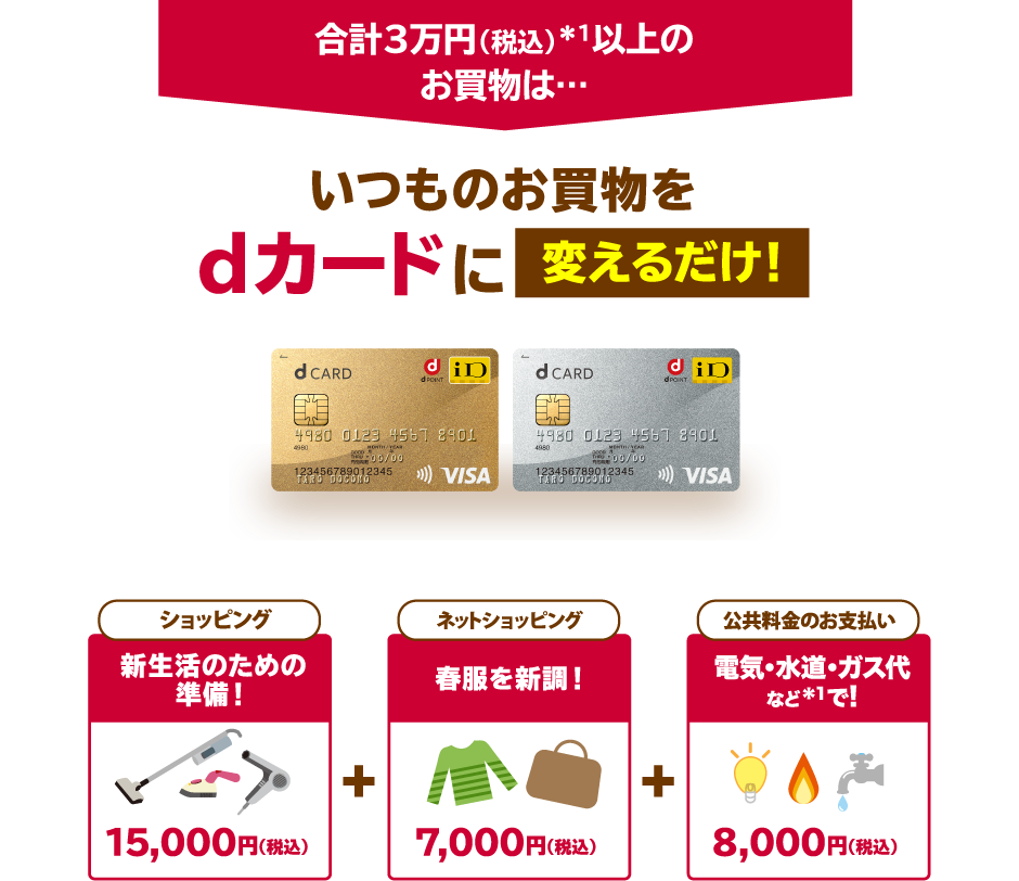 合計3万円（税込）以上のお買物はいつものお買物をdカードに変えるだけ！