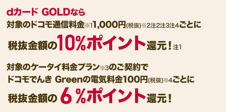 dカード GOLDなら対象のドコモ通信料金※1 1,000円(税抜)※2注2注3注注4ごと・対象のケータイ料金プラン※3のご契約でドコモでんき Greenの電気料金100円(税抜)※4ごとに税抜金額の10％ポイント還元！注1